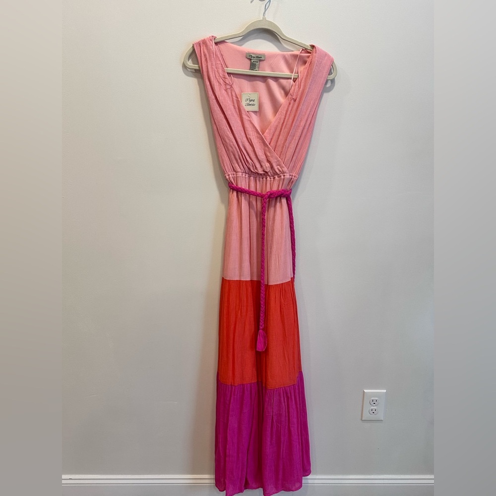 Flying Tomato Pink Orange Colorblock V neck Maxi Dress with Belt Medium NWT - Picture 2 of 10